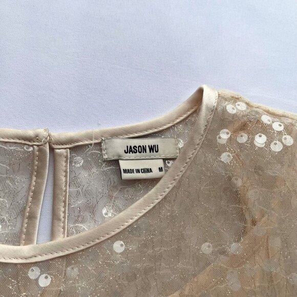 NWT JASON WU CHAMPAGNE SEQUIN ORGANZA LAYERED LONG SLEEVE CROP TOP - M - Picture 5 of 12